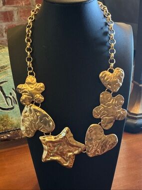 Gold-Tone Hammered Heart, Star & Flower Statement Necklace